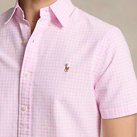 POLO RALPH LAUREN Pink White Gingham Check SS Oxford Shirt Men's SZ L - Picture 3 of 8